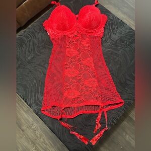 Red Lace Chemise with Floral Design and Garter Straps
